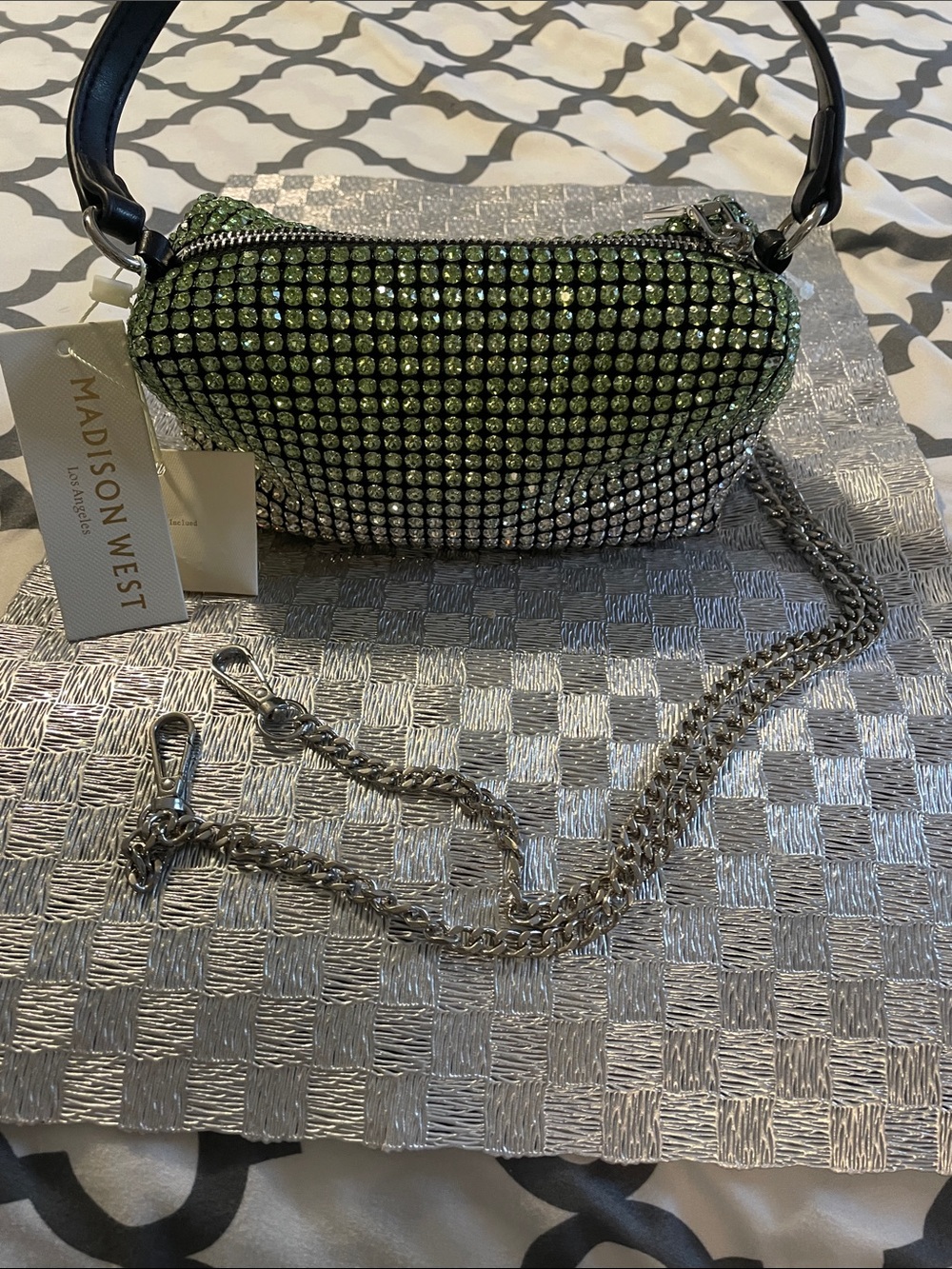 Madison West Green Ombré Crystal Mini Shoulder Bag with detachable Silver Chain